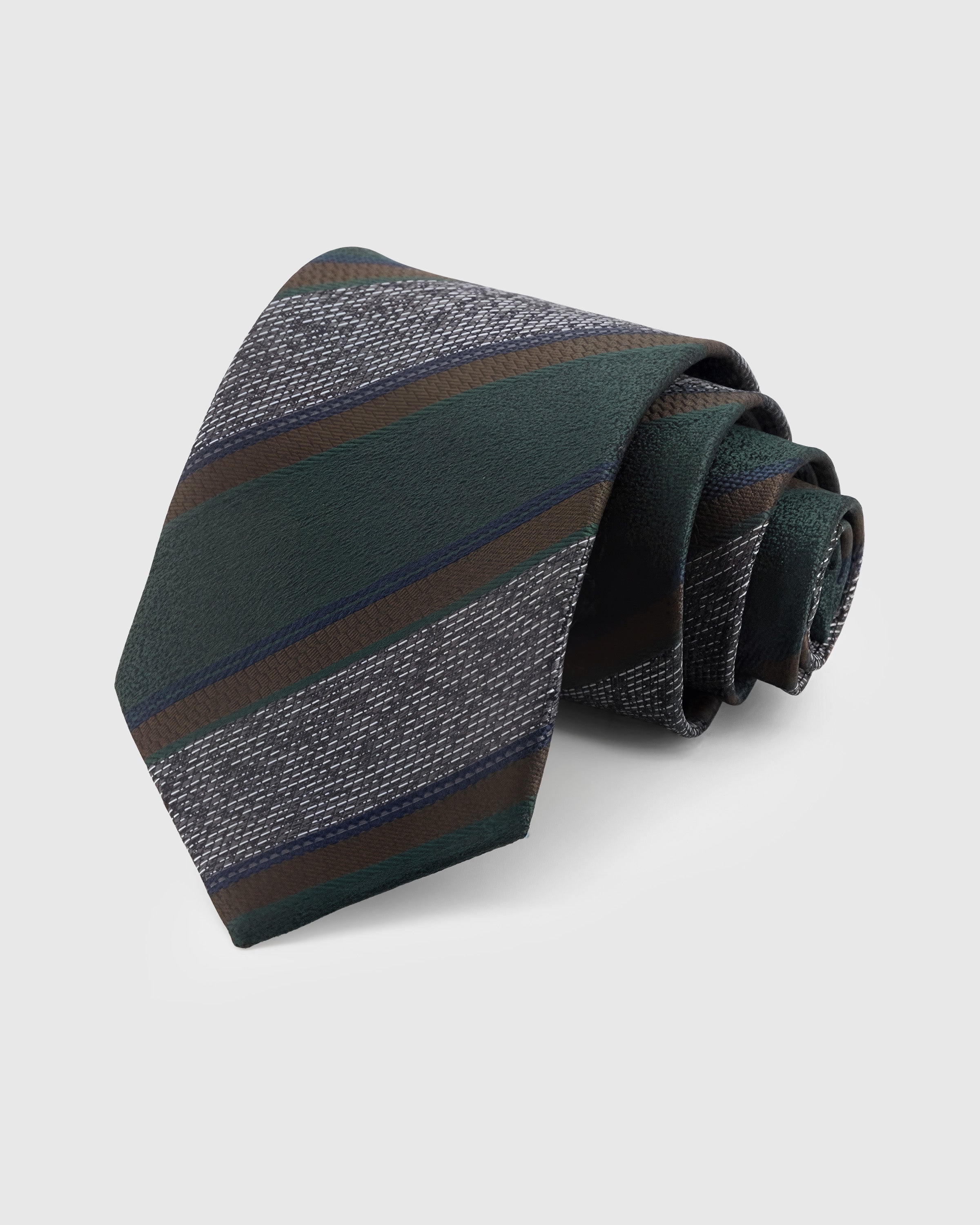 STICKYZOO Evergreen Textured Stripe Tie in mulberry silk with grey tweed and cocoa bands on evergreen ground, 45° bias-cut