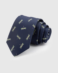 STICKYZOO Navy Dragonfly Tie in hand-embroidered mulberry silk with sage green dragonfly motifs on deep navy ground, 45° bias-cut