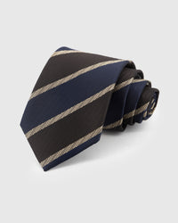 ESPRESSO NAVY STRIPE TIE — Hand-embroidered regimental stripe detail on 100% mulberry silk in espresso, showing embroidery texture and silk sheen