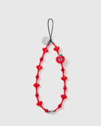 STICKYZOO crimson apple heart phone strap, red beads with glossy hearts and a smiley apple charm