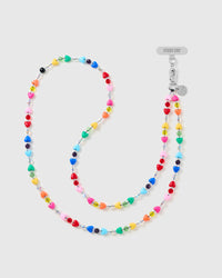 Full-length STICKYZOO cross-body phone strap in glossy multicolour heart beads with clear and coloured faceted spacers and a silver-tone clasp on white.
