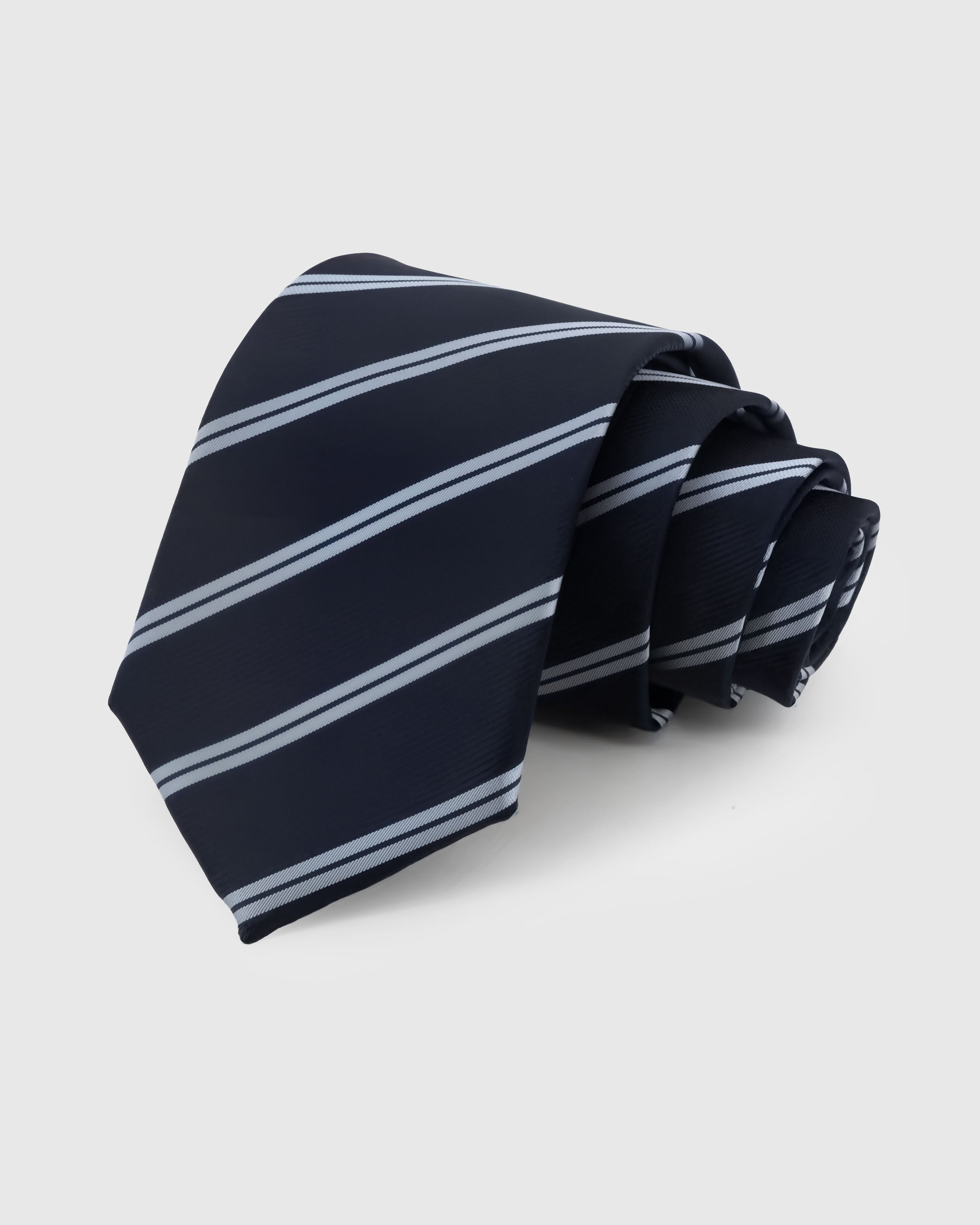 STICKYZOO Navy Double Stripe Tie — hand-embroidered navy / silver mulberry silk with double repp stripe pattern