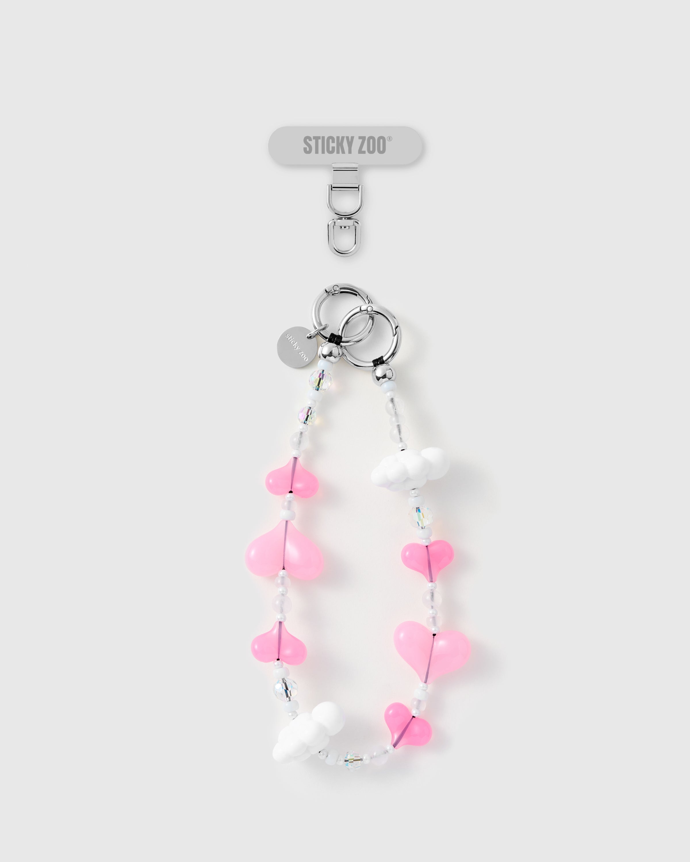 Pink heart and white cloud beaded phone strap with silver-tone engraved hardware by STICKYZOO