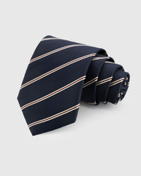 STICKYZOO Chestnut Paisley Tie in hand-embroidered mulberry silk with navy paisley droplet motifs, 45° bias-cut Italian method