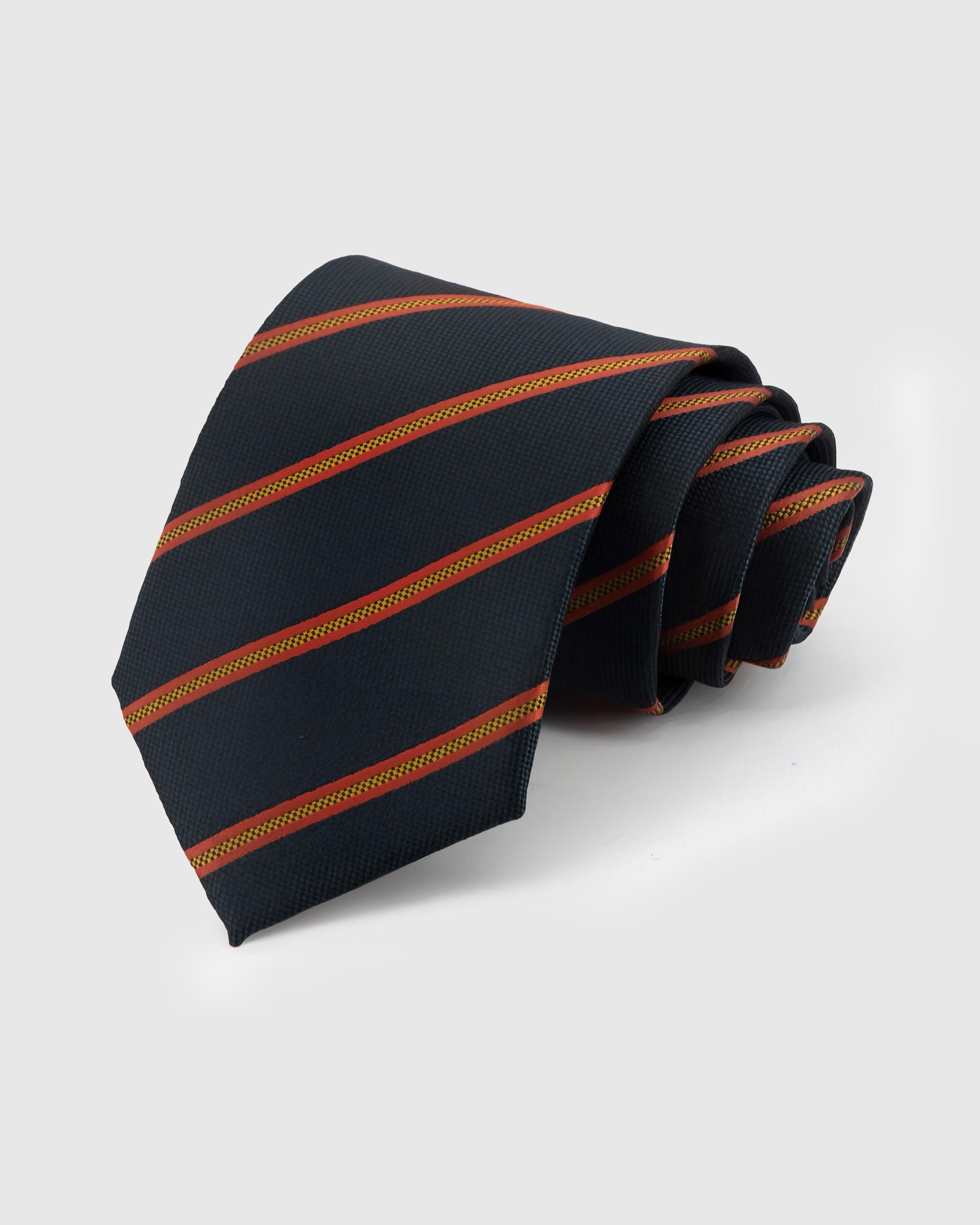STICKYZOO Midnight Ember Tie in hand-embroidered mulberry silk with ember accent stripes on midnight ground, 45° bias-cut Italian method