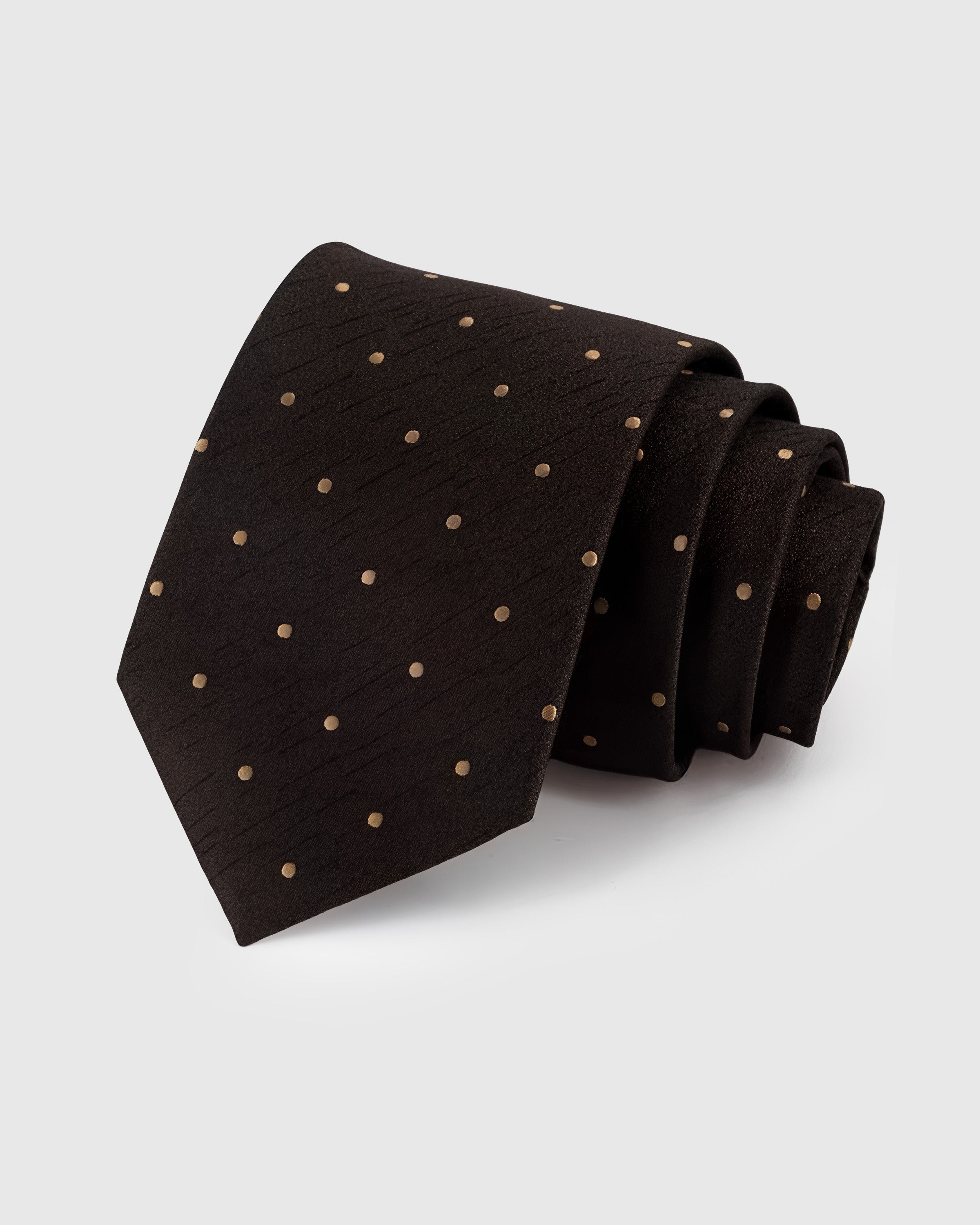 STICKYZOO Onyx Gold Dot Tie in hand-embroidered mulberry silk with gold pin dots on textured onyx ground, 45° bias-cut Italian method