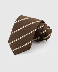 STICKYZOO Espresso Pencil Stripe Tie in hand-embroidered mulberry silk with cream diagonal pencil stripes, 45° bias-cut Italian method