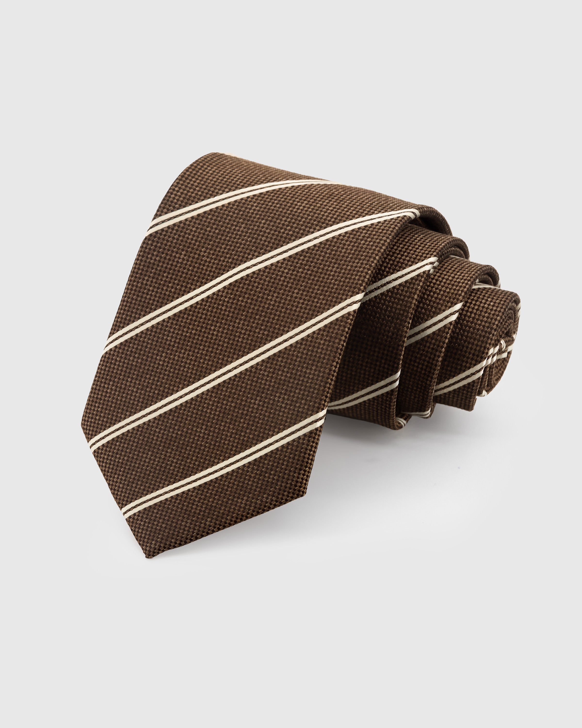STICKYZOO Espresso Pencil Stripe Tie in hand-embroidered mulberry silk with cream diagonal pencil stripes, 45° bias-cut Italian method
