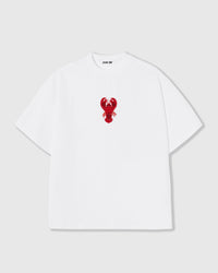 STICKYZOO Lobster T-Shirt in white with a hand-beaded red lobster applique on 230gsm cool-touch cotton, oversized boxy fit.