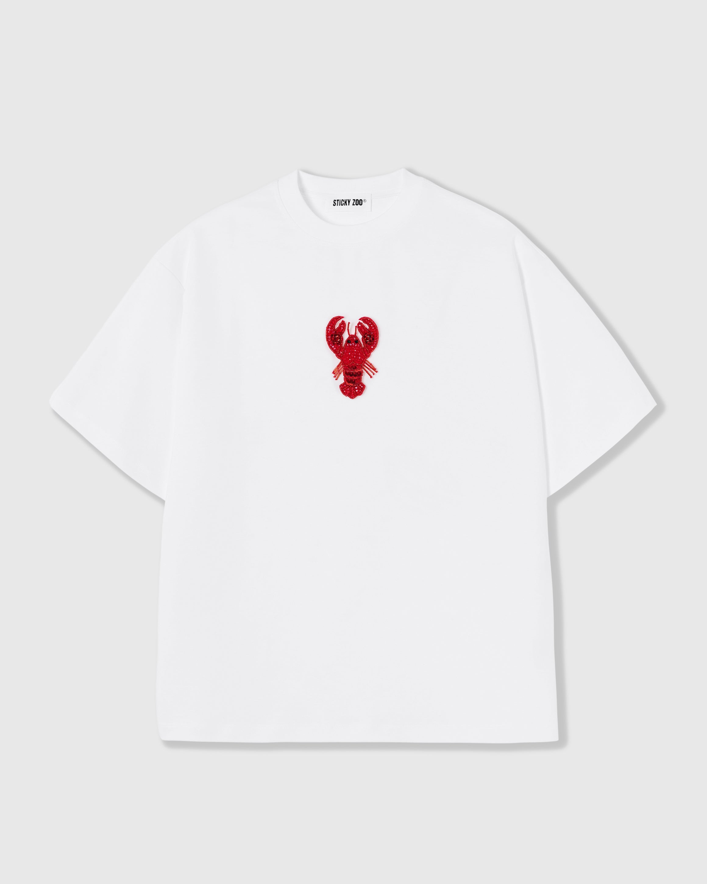 STICKYZOO Lobster T-Shirt in white with a hand-beaded red lobster applique on 230gsm cool-touch cotton, oversized boxy fit.
