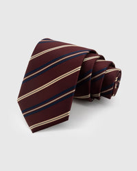 {100% mulberry silk weave} STICKYZOO BORDEAUX REGIMENT TIE in hand-embroidered mulberry silk with regimental stripe motif, 45° bias-cut Italian method