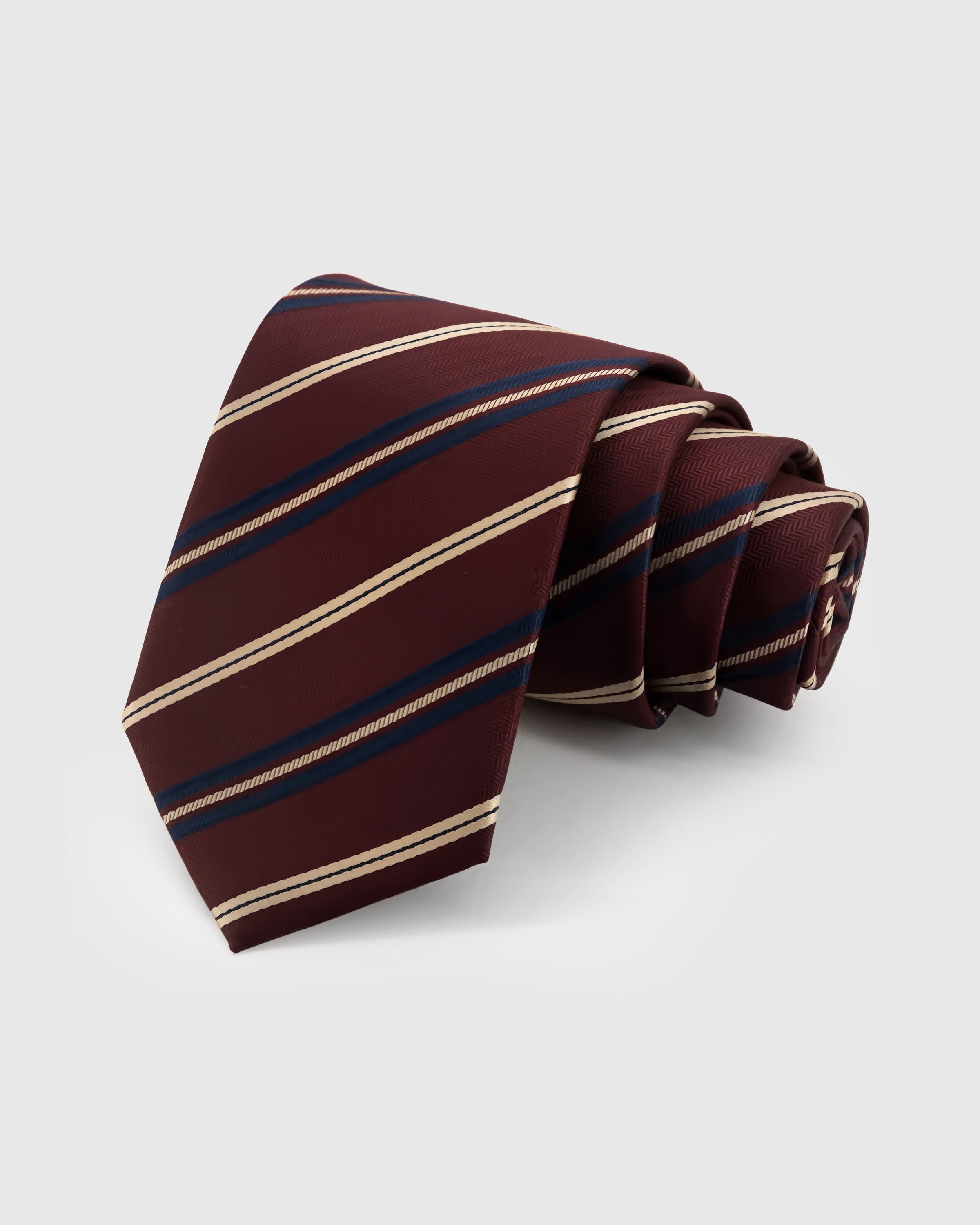 {100% mulberry silk weave} STICKYZOO BORDEAUX REGIMENT TIE in hand-embroidered mulberry silk with regimental stripe motif, 45° bias-cut Italian method