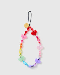 STICKYZOO Gummy Heart phone strap laid flat, a full loop of rainbow jelly heart beads with clear pony beads, black cord and gold disc.