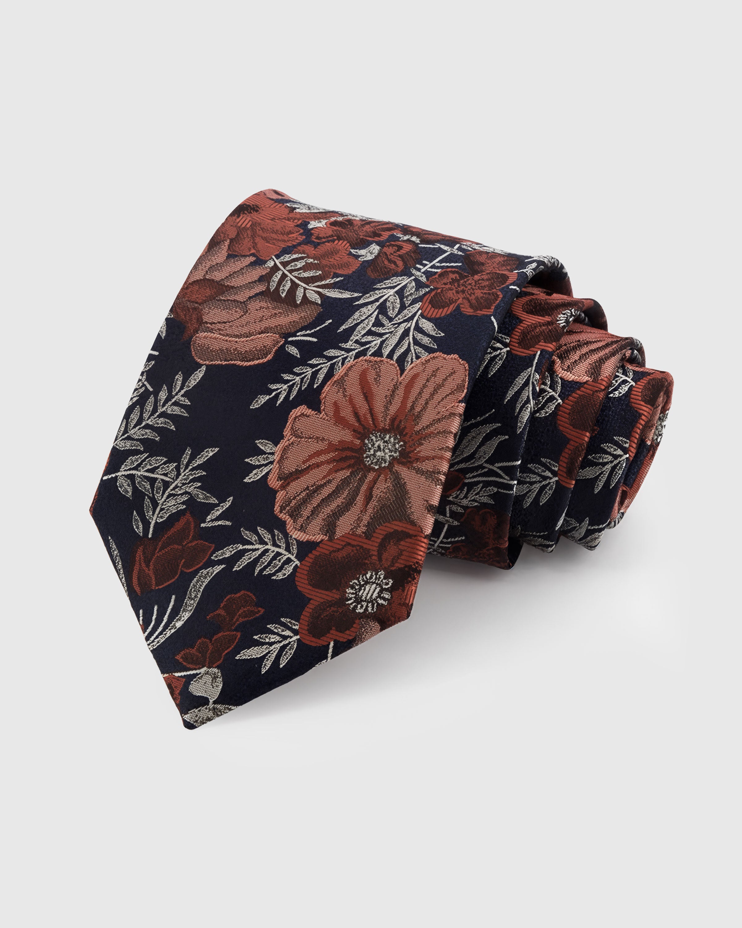 STICKYZOO MIDNIGHT PEONY TIE — 100% mulberry silk with hand-embroidered copper and terracotta peony blooms with silver foliage on deep midnight navy ground
