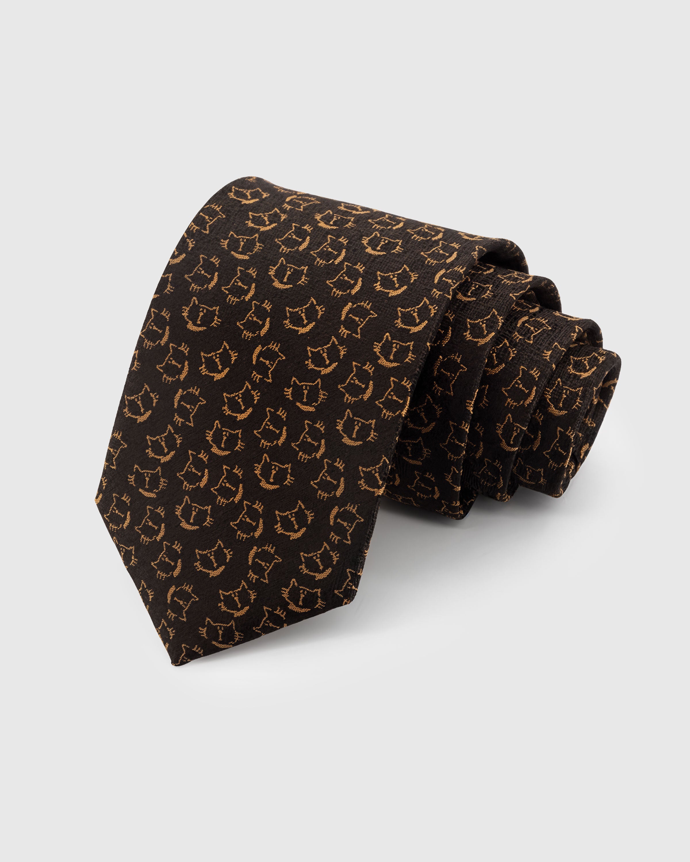 STICKYZOO NOIR CAT TIE — 100% mulberry silk with hand-embroidered copper-gold smiling cat face motifs on deep black with heathered texture ground