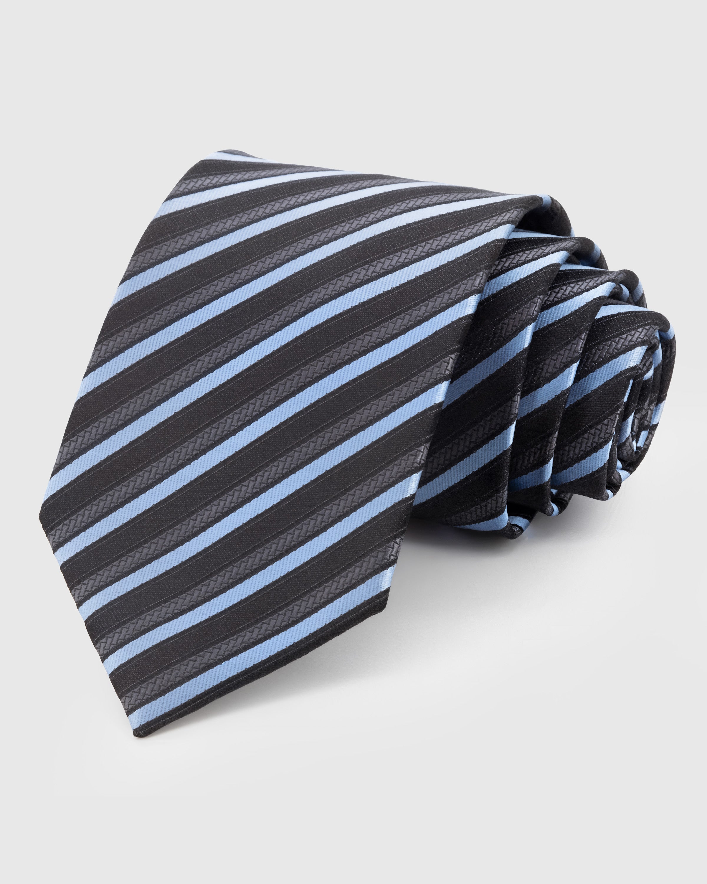 STICKYZOO Charcoal Sky Stripe Tie in mulberry silk with sky-blue diagonal stripes on herringbone ground, 45° bias-cut Italian method