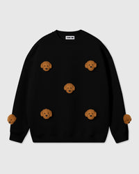 STICKYZOO Poodle Parade Sweatshirt in black with seven hand-stitched 3D plush poodle face appliques