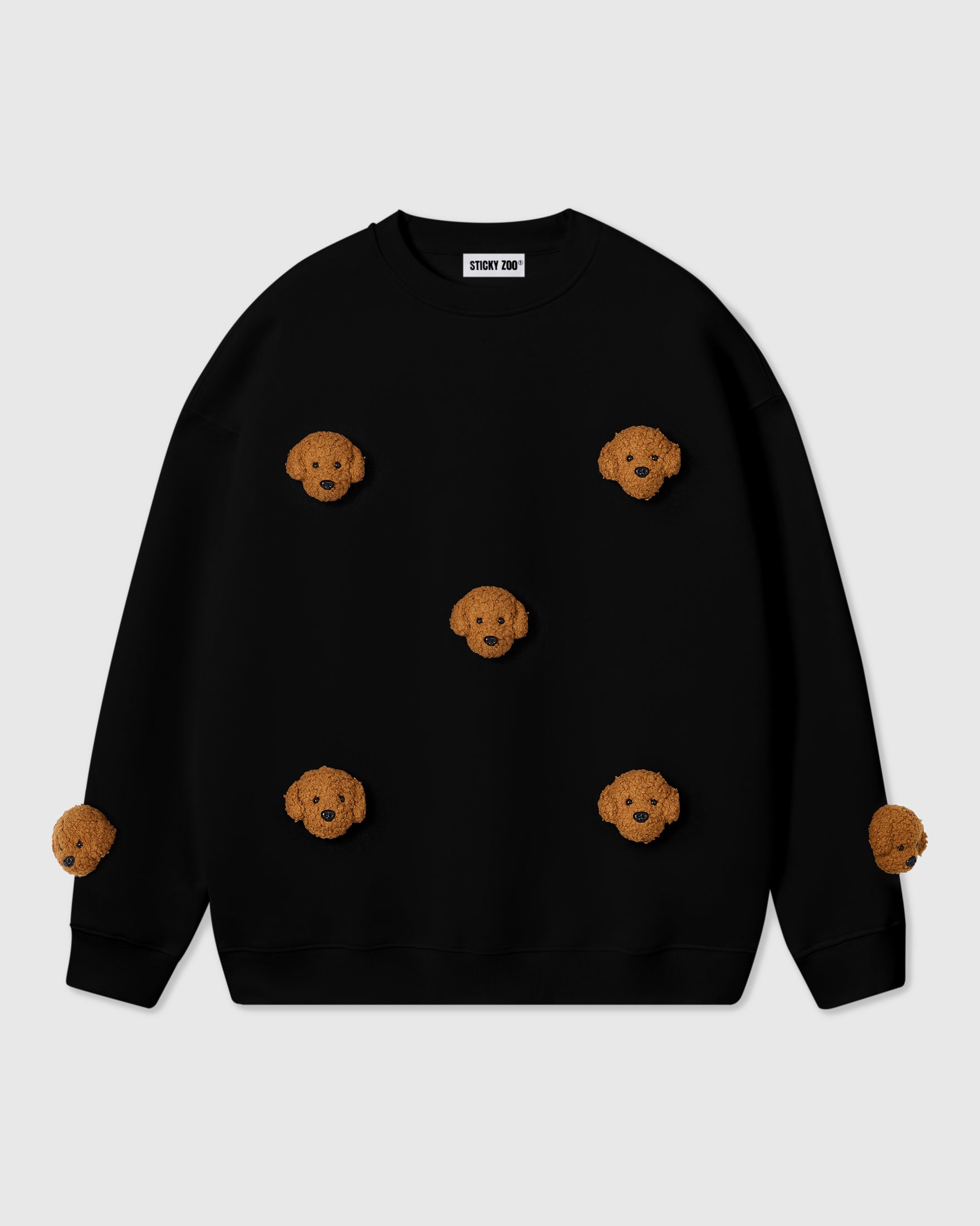 {{100% cotton, handmade}} STICKYZOO Poodle Parade Sweatshirt in black with seven hand-stitched 3D plush poodle face appliques