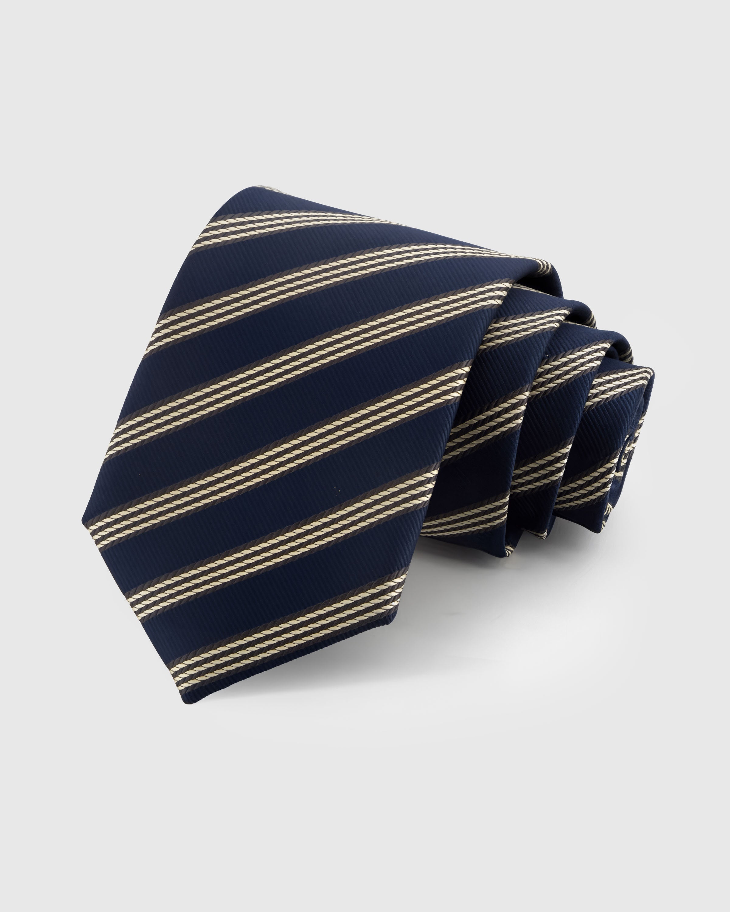 STICKYZOO NAVY TRIPLE STRIPE TIE — 100% mulberry silk with hand-embroidered gold triple-line diagonal stripes on deep navy ground