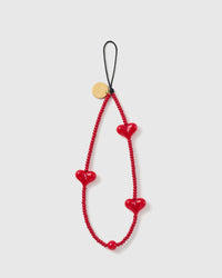 STICKYZOO scarlet puff heart phone strap, deep red beads with glossy heart beads and gold-tone disc