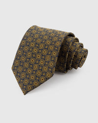 STICKYZOO Navy Foulard Tie in hand-embroidered mulberry silk with gold geometric motifs, 45° bias-cut Italian method