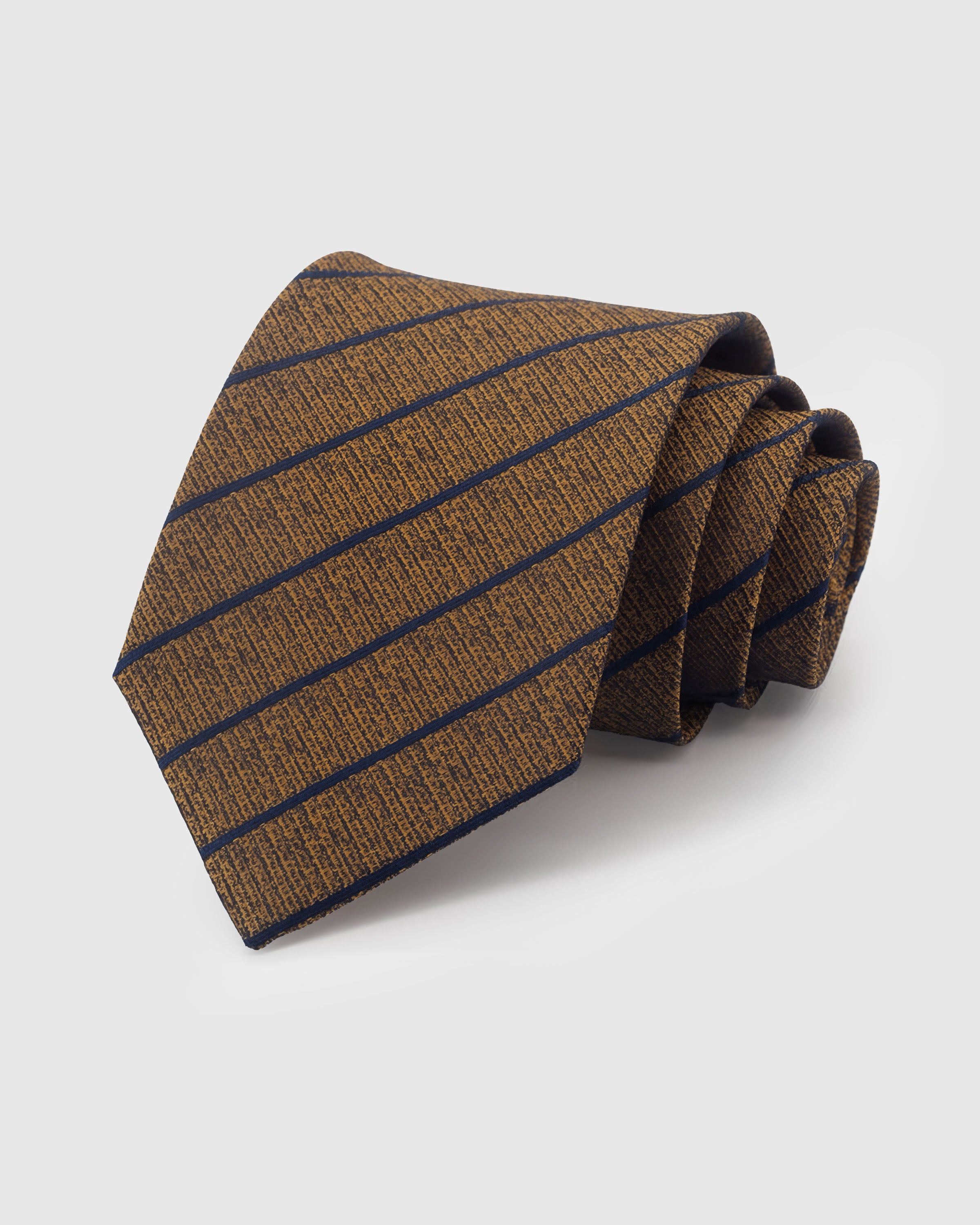 {100% mulberry silk textured weave} STICKYZOO TOFFEE NAVY STRIPE TIE in hand-embroidered mulberry silk with pencil stripe motif, 45° bias-cut Italian method