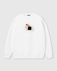 STICKYZOO DACHSHUND APPLE SWEATSHIRT in White featuring one hand-stitched plush dachshund appliqué, designed in Amsterdam