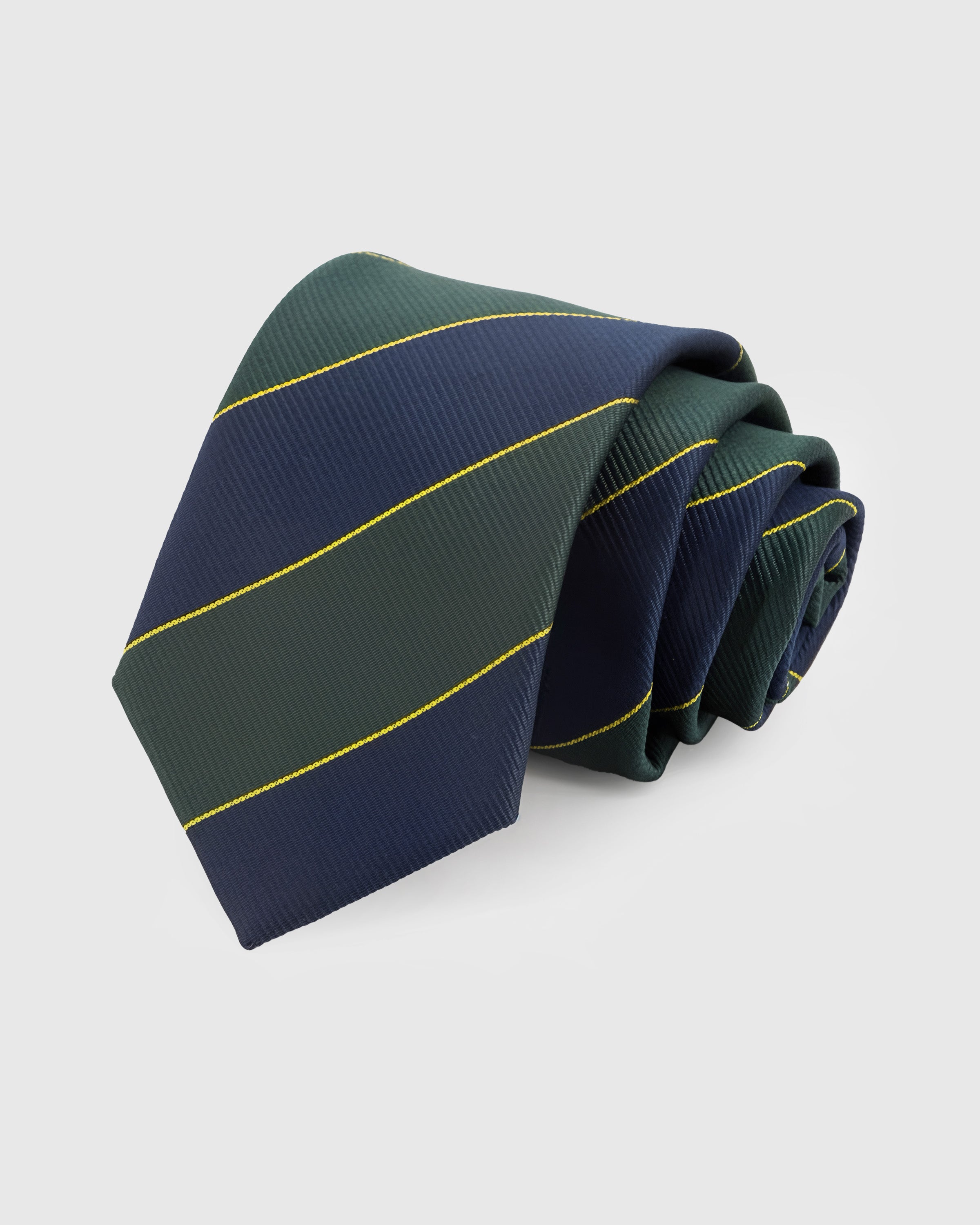 STICKYZOO Forest Block Stripe Tie in hand-embroidered mulberry silk with forest green and navy stripes and gold pinlines, 45° bias-cut