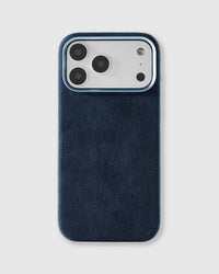 STICKYZOO Alcantara phone case in deep cobalt blue with genuine Italian microfiber suede texture and raised camera bezel