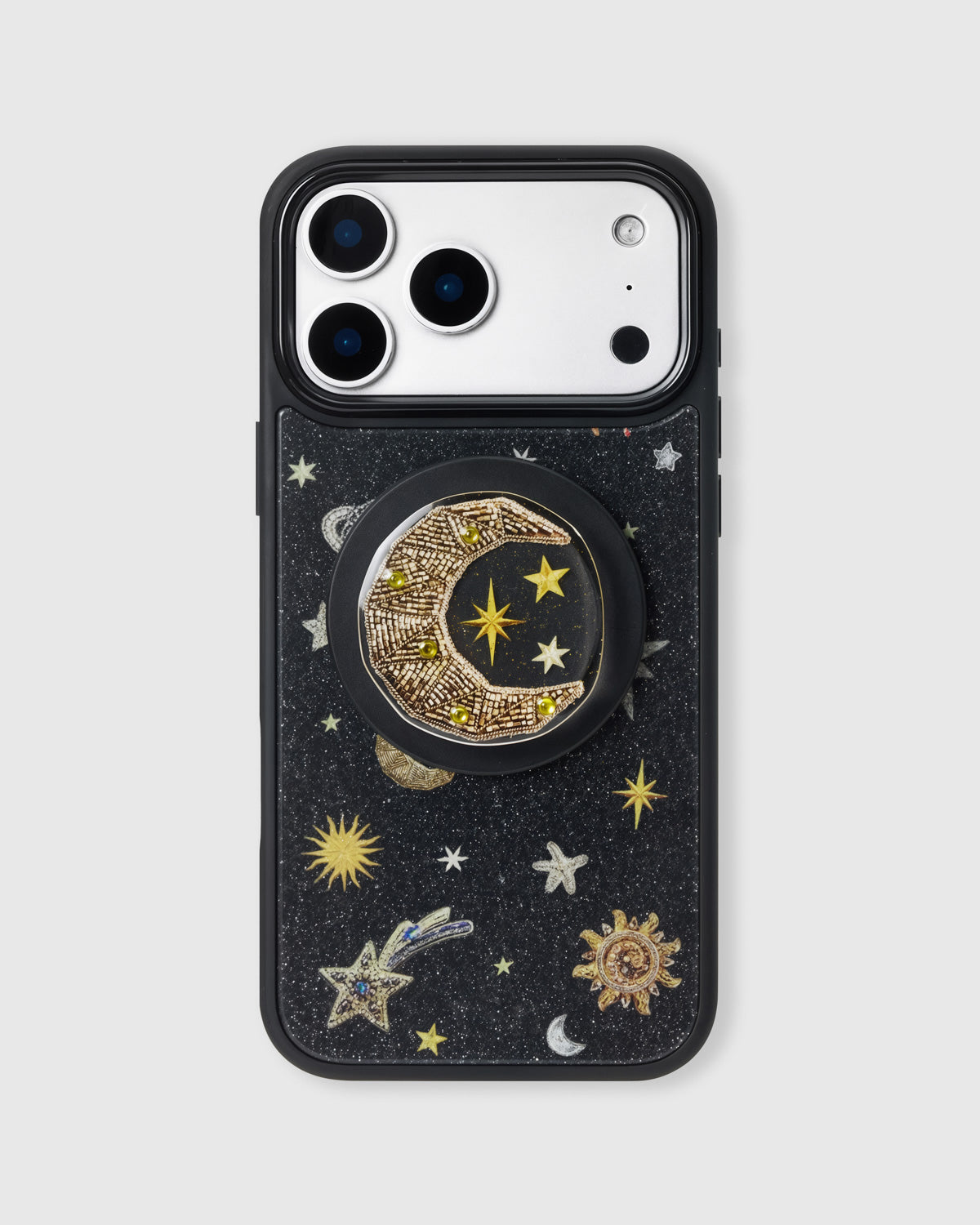 Black glitter phone case with gold celestial print and built-in MagSafe grip by STICKYZOO