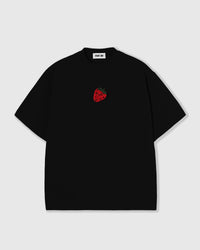 STICKYZOO Strawberry T-Shirt in black, oversized boxy fit with a hand-beaded glass strawberry on the left chest and dropped shoulders.