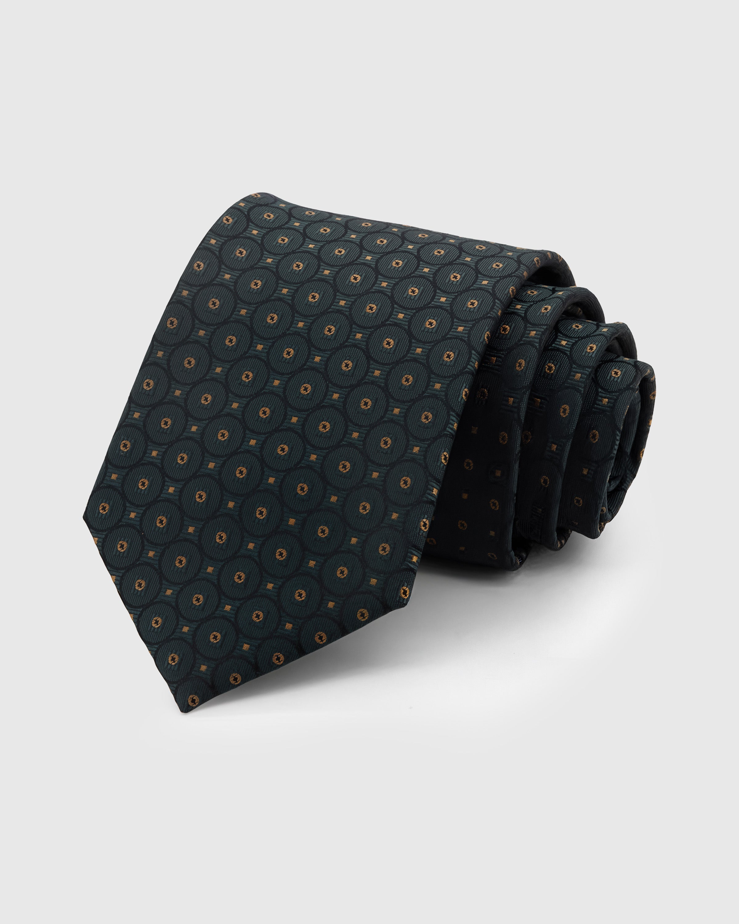 STICKYZOO Teal Circlet Tie in hand-embroidered mulberry silk with teal circlet medallions and gold accents, 45° bias-cut Italian method