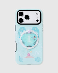 Mint dolphin cove phone case with hand-illustrated ocean print and a built-in MagSafe seashell grip by STICKYZOO