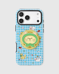 Blue gingham phone case covered in playful illustrated cats and stars with a built-in hooded-cat MagSafe grip. Also in Pink.