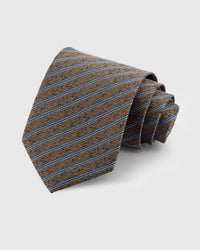 STICKYZOO TRUFFLE PINSTRIPE TIE — 100% mulberry silk with hand-embroidered sky-blue diagonal pinstripes on warm truffle brown with textured weave ground