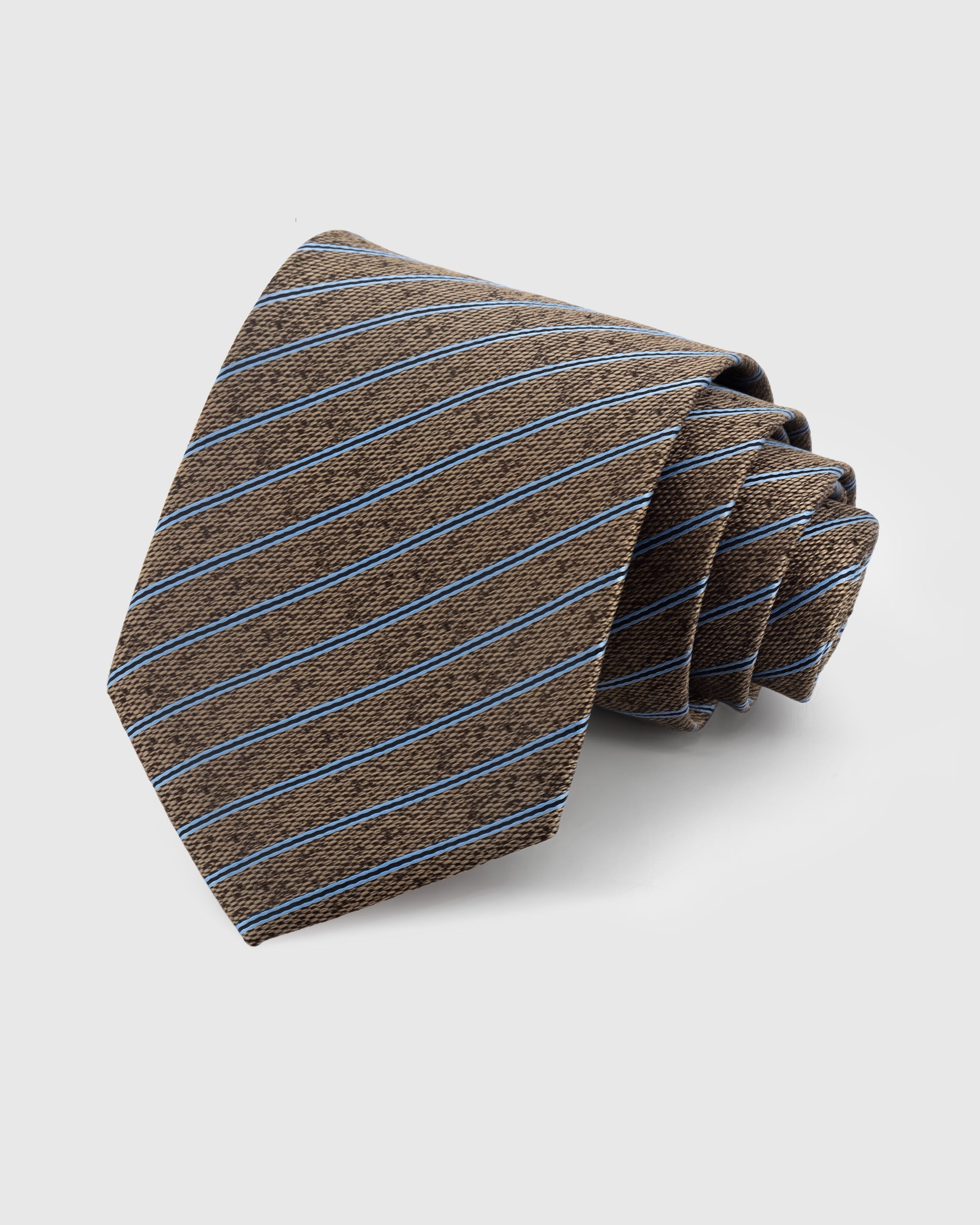STICKYZOO TRUFFLE PINSTRIPE TIE — 100% mulberry silk with hand-embroidered sky-blue diagonal pinstripes on warm truffle brown with textured weave ground