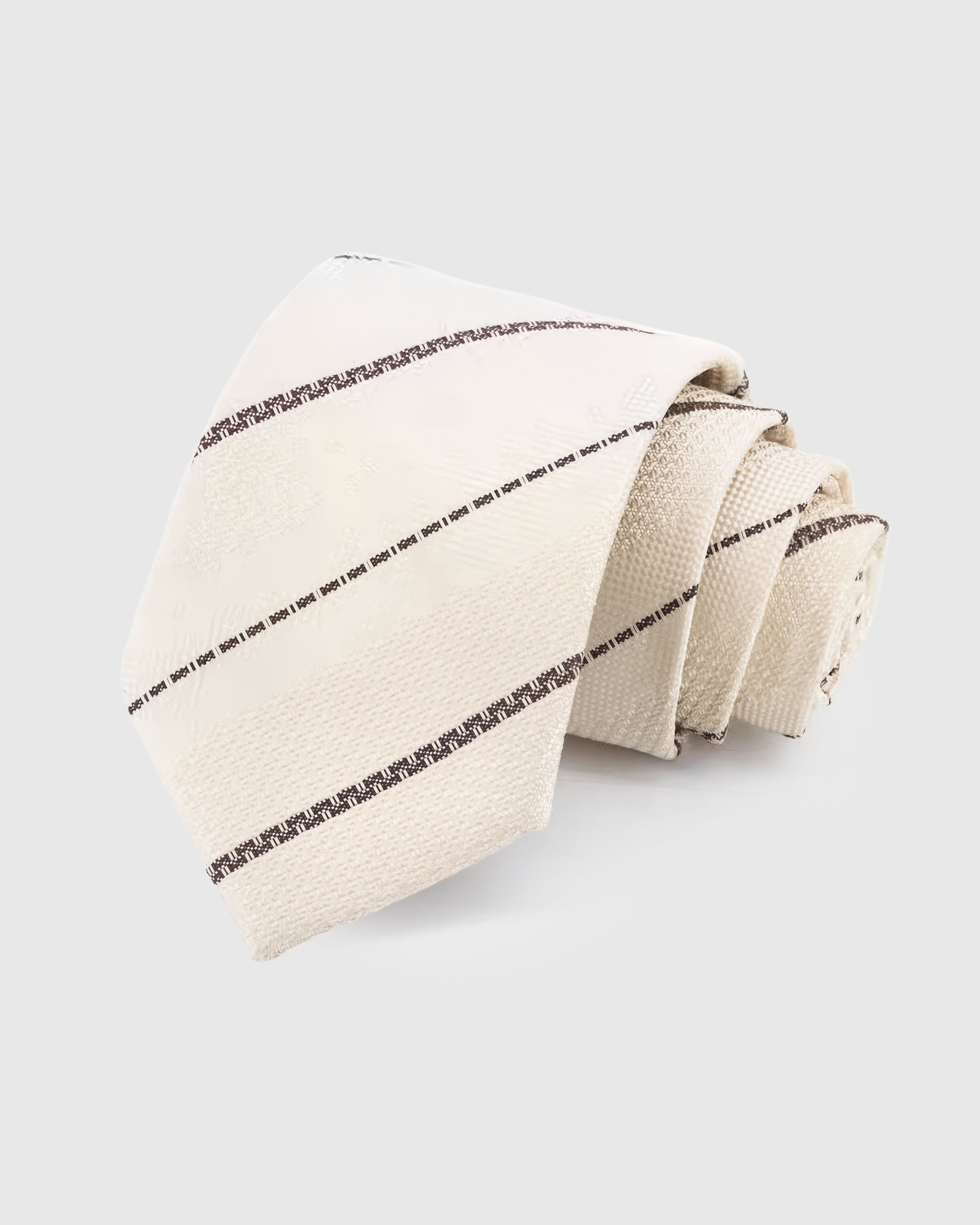 STICKYZOO Ivory Pinstripe Tie — hand-embroidered ivory / charcoal mulberry silk with textured pinstripe pattern
