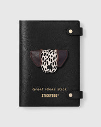 STICKYZOO Dalmatian Notebook with hand-cut French Alran leather charm on black genuine goatskin cover, gold snap closure