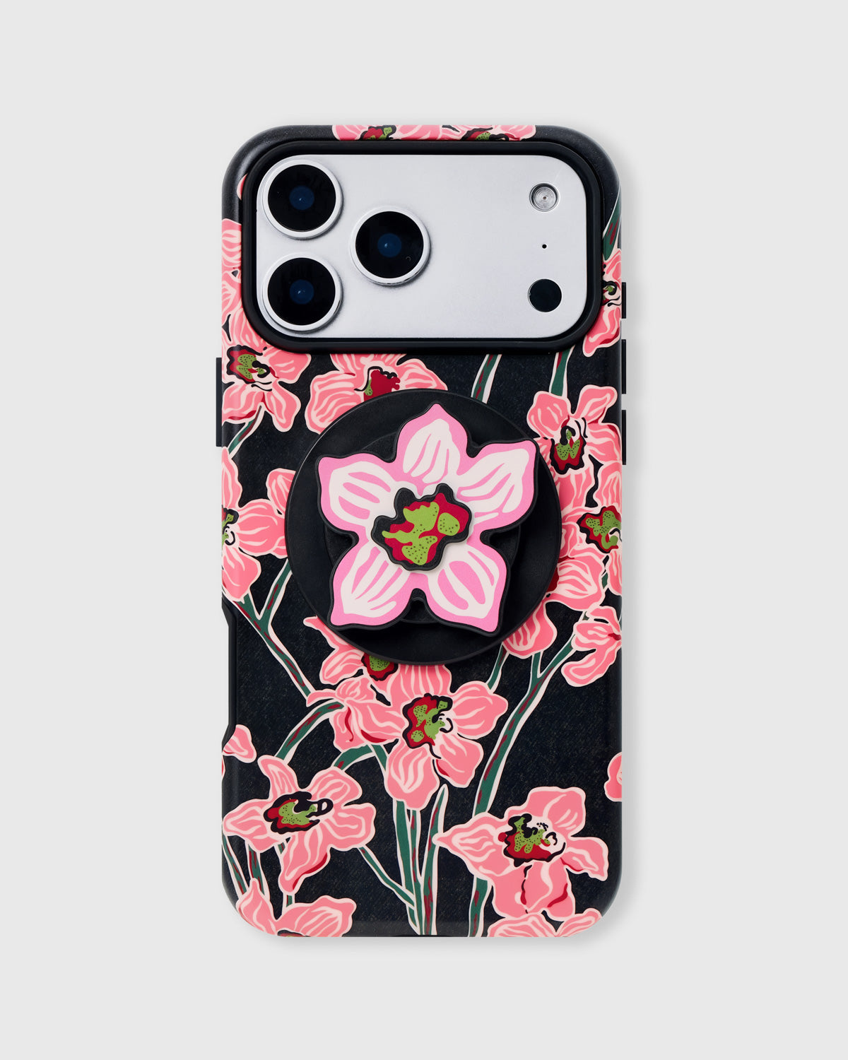 Black phone case with hand-illustrated pink orchid print and built-in MagSafe grip by STICKYZOO