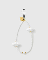 STICKYZOO Cotton Cloud phone strap laid flat: opaque white seed beads with two white cloud beads, gold-tone accents and a black cord loop.