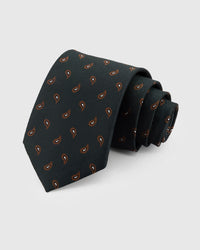 STICKYZOO Navy Botanical Tie in hand-embroidered mulberry silk with amber and blue botanical floral motifs, 45° bias-cut Italian method