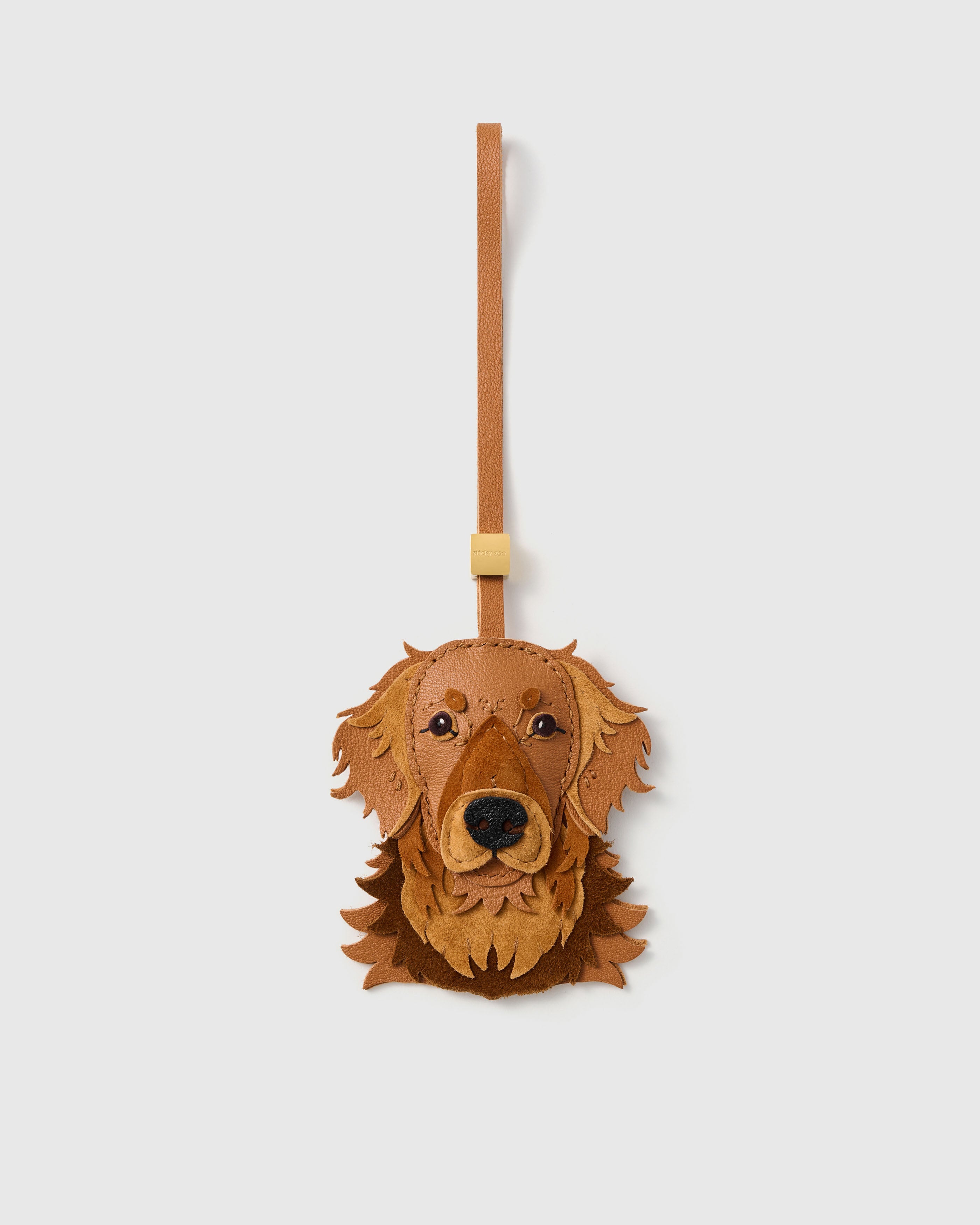 {{72 hours by hand}} Handmade STICKYZOO golden retriever charm in rich toffee French Alran leather with warm brown glass eyes and gold-plated hardware