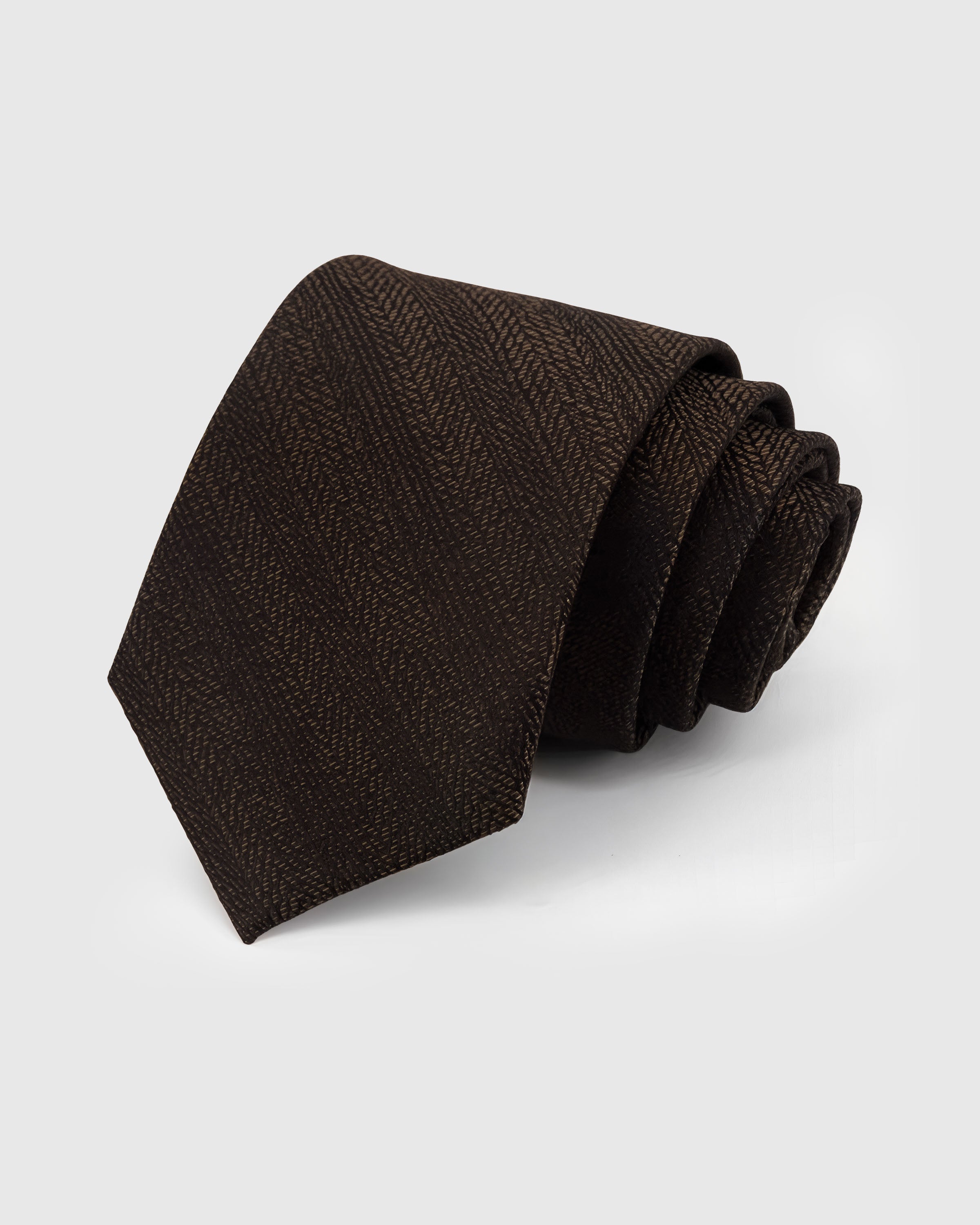 STICKYZOO Espresso Herringbone Tie in mulberry silk with tonal herringbone weave on espresso ground, 45° bias-cut Italian method