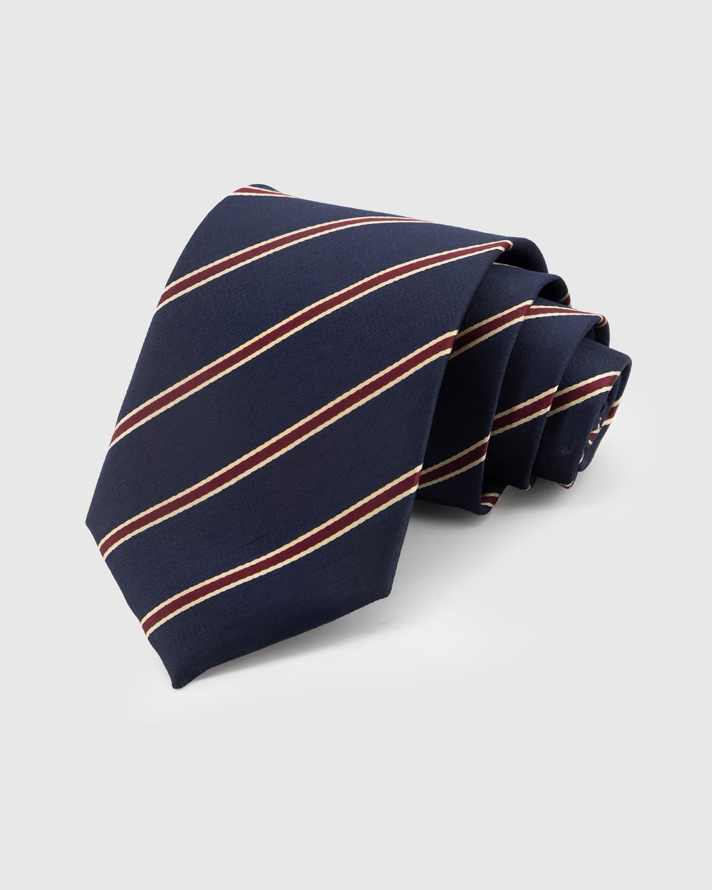 STICKYZOO Navy Heritage Stripe Tie in mulberry silk with crimson and gold diagonal twin stripes, 45° bias-cut Italian method