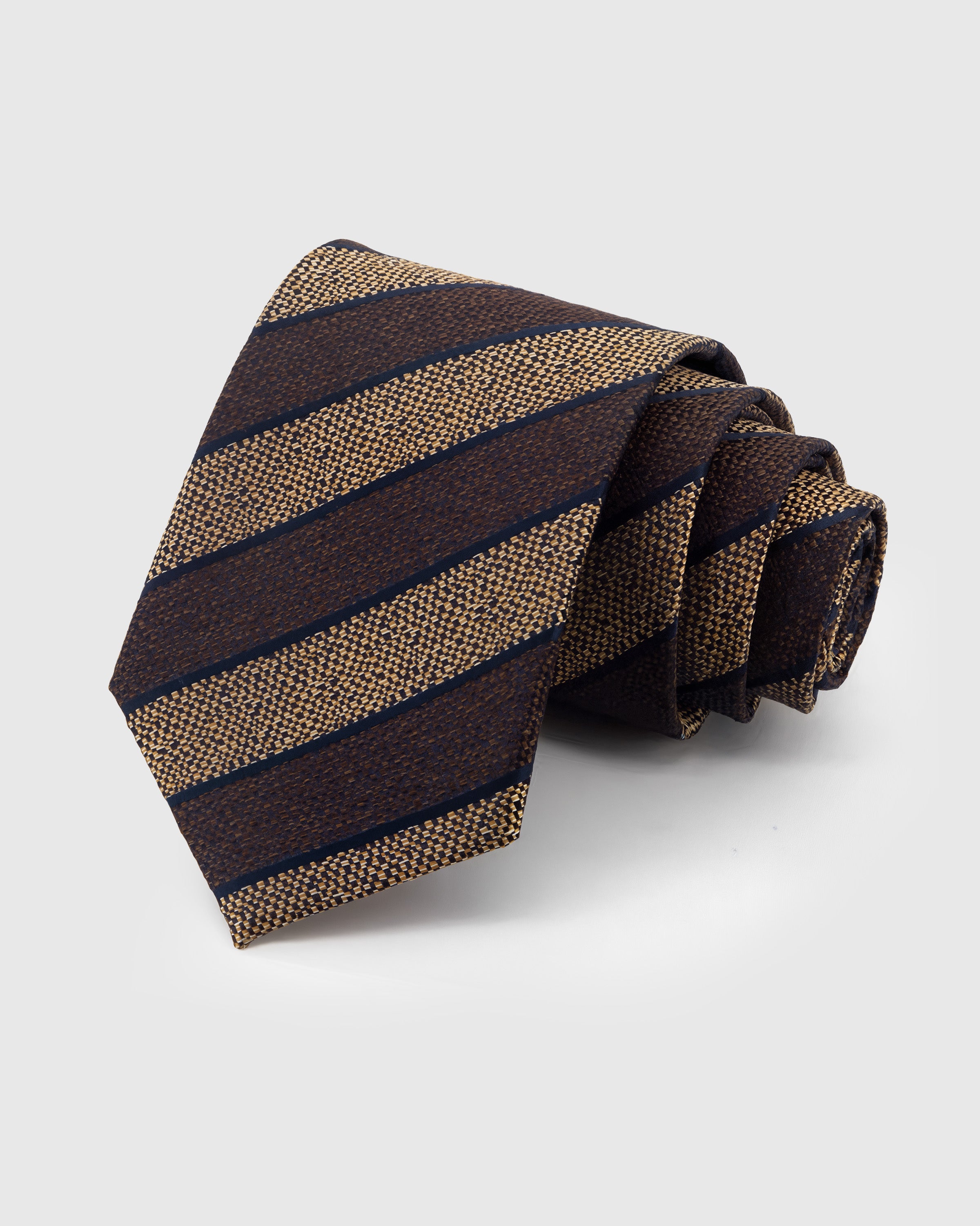 STICKYZOO Walnut Woven Stripe Tie in mulberry silk with alternating texture stripe bands and navy accents, 45° bias-cut Italian method