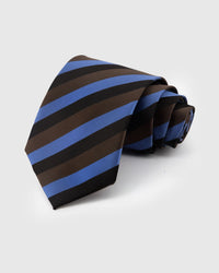 STICKYZOO Cobalt Regatta Tie in hand-embroidered mulberry silk with cobalt and mahogany bold diagonal stripes, 45° bias-cut Italian method