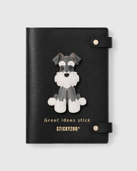 STICKYZOO Urban Schnauzer Notebook with hand-cut French Alran leather charm on black genuine goatskin cover, gold snap closure
