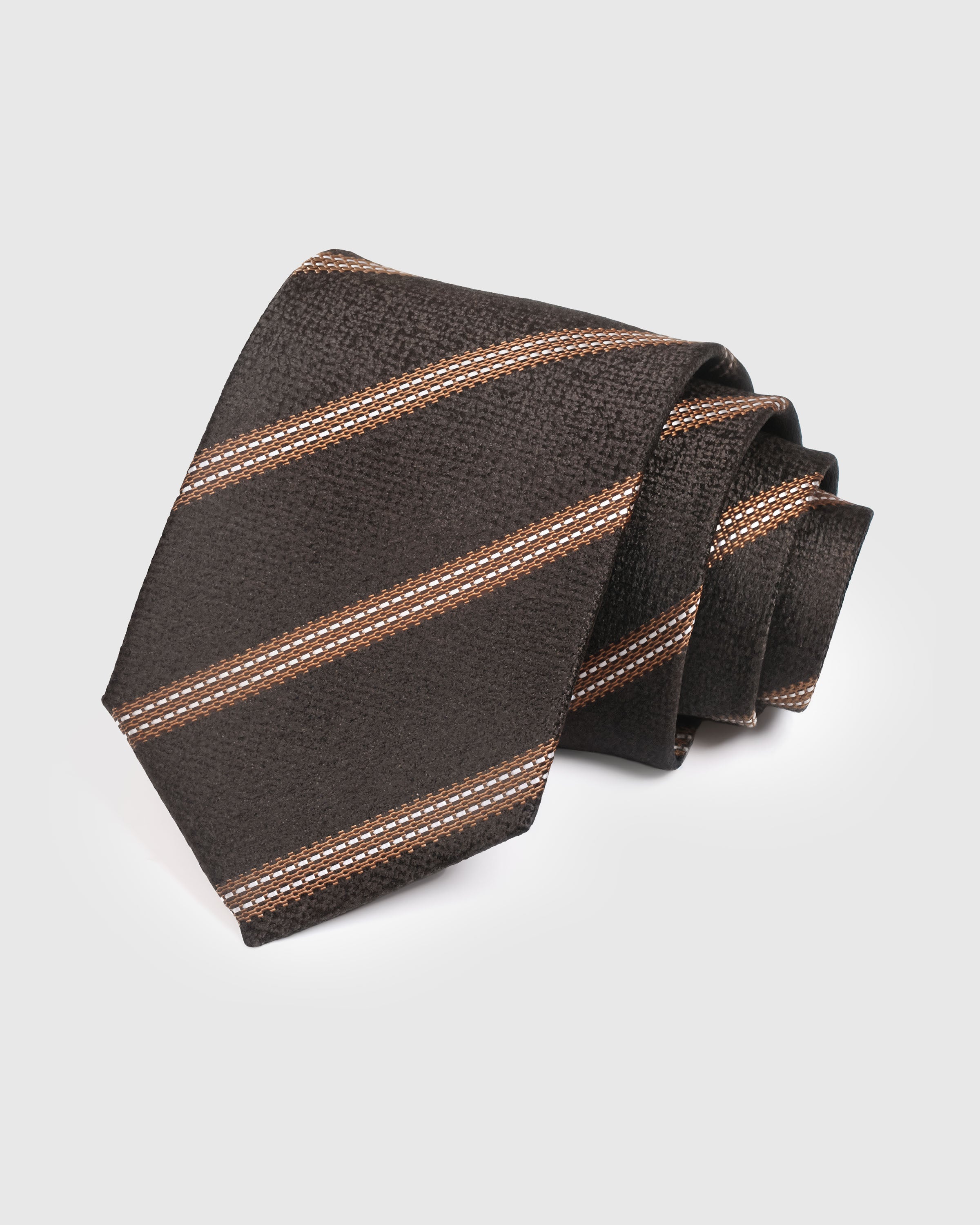 {100% mulberry silk weave} STICKYZOO ESPRESSO COPPER STRIPE TIE in hand-embroidered mulberry silk with textured stripe motif, 45° bias-cut Italian method