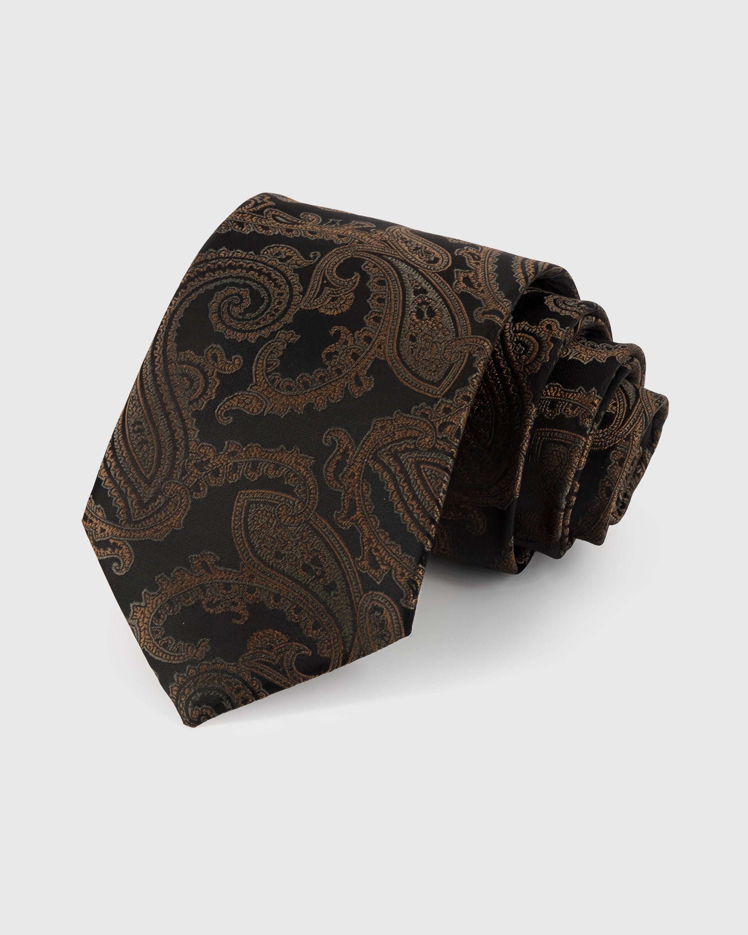 STICKYZOO Obsidian Paisley Tie — hand-embroidered black / bronze mulberry silk with bold paisley pattern