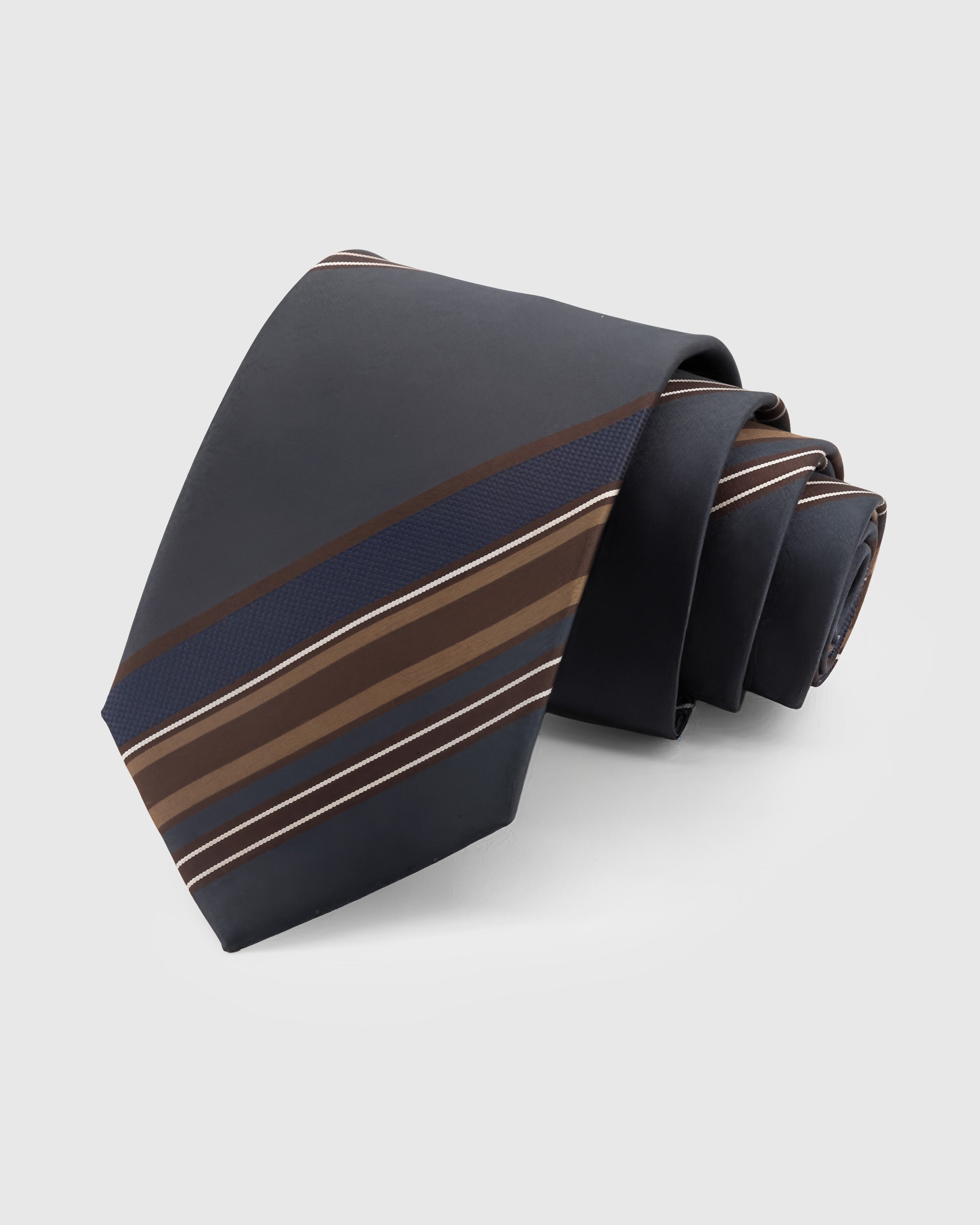 STICKYZOO Midnight Club Stripe Tie in hand-embroidered mulberry silk with navy, brown, and cream diagonal stripes, 45° bias-cut